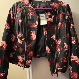 THALIA SODI BLACK FLORAL FAUX LEATHER MOTO JACKET LARGE